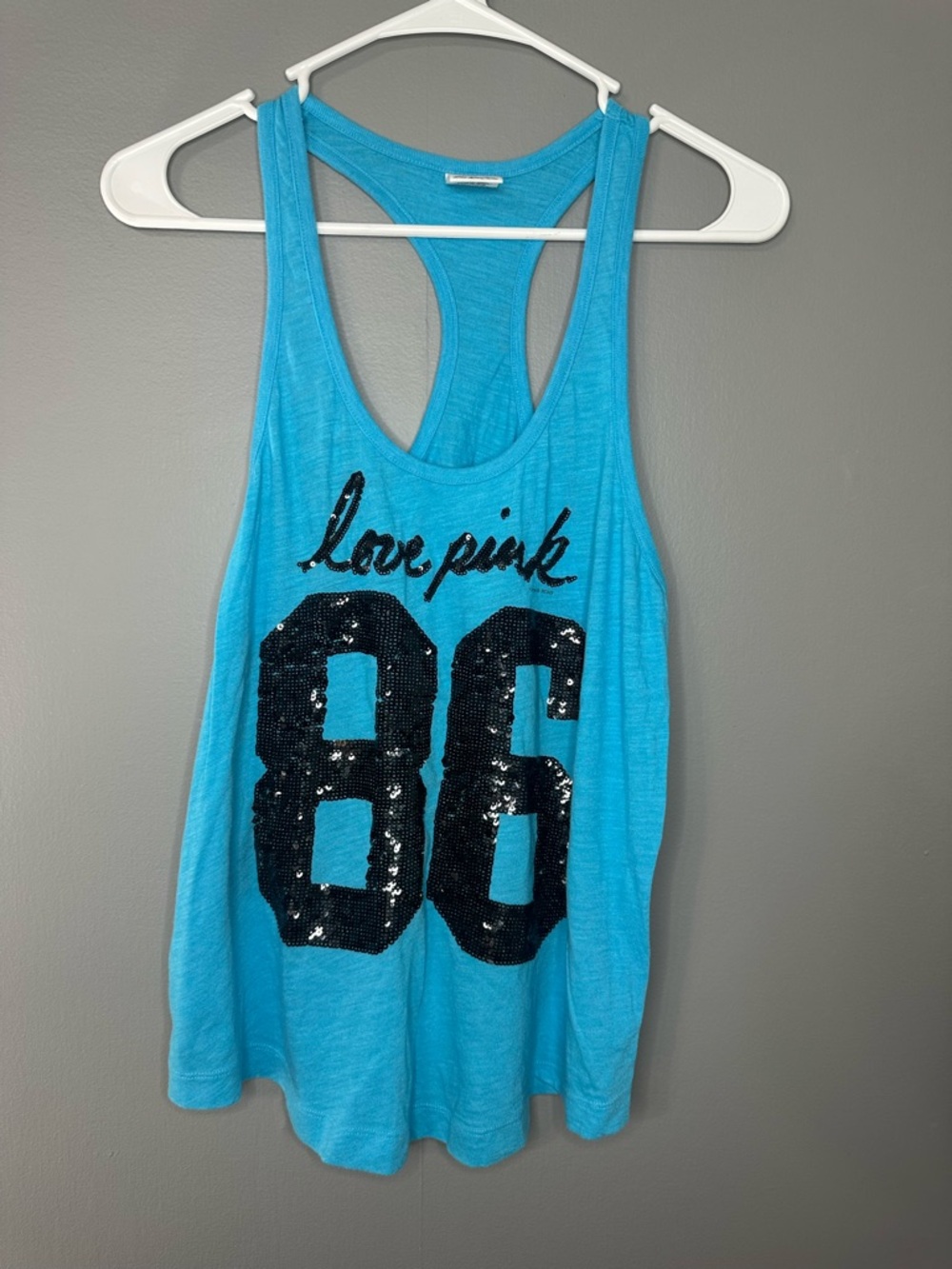 Love Pink Women’s Sequin 86 Aqua Racerback Tank